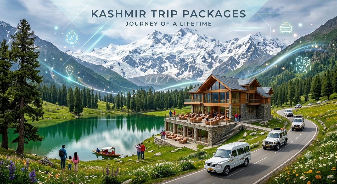 Kashmir trip packages by Nature Connect Travels showing Dal Lake houseboat with Shikara and Pir Panjal mountains
