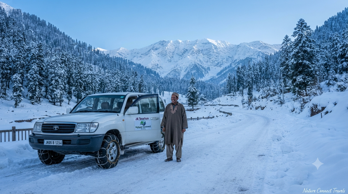 Kashmir winter cab service with snow chains fitted on 4x4 vehicle on Tangmarg Gulmarg snow road