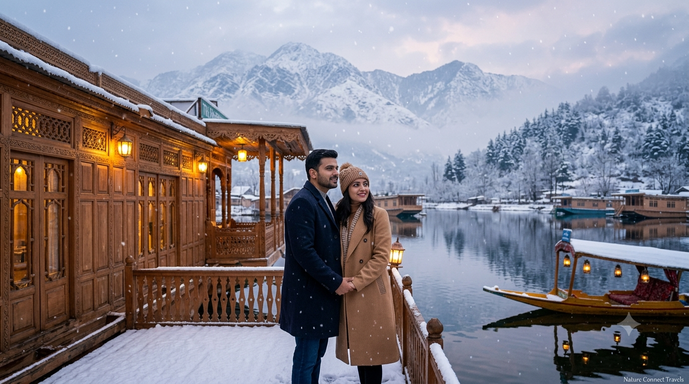 Kashmir winter couple packages from Pune by Nature Connect Travels showing couple on snow-covered houseboat deck