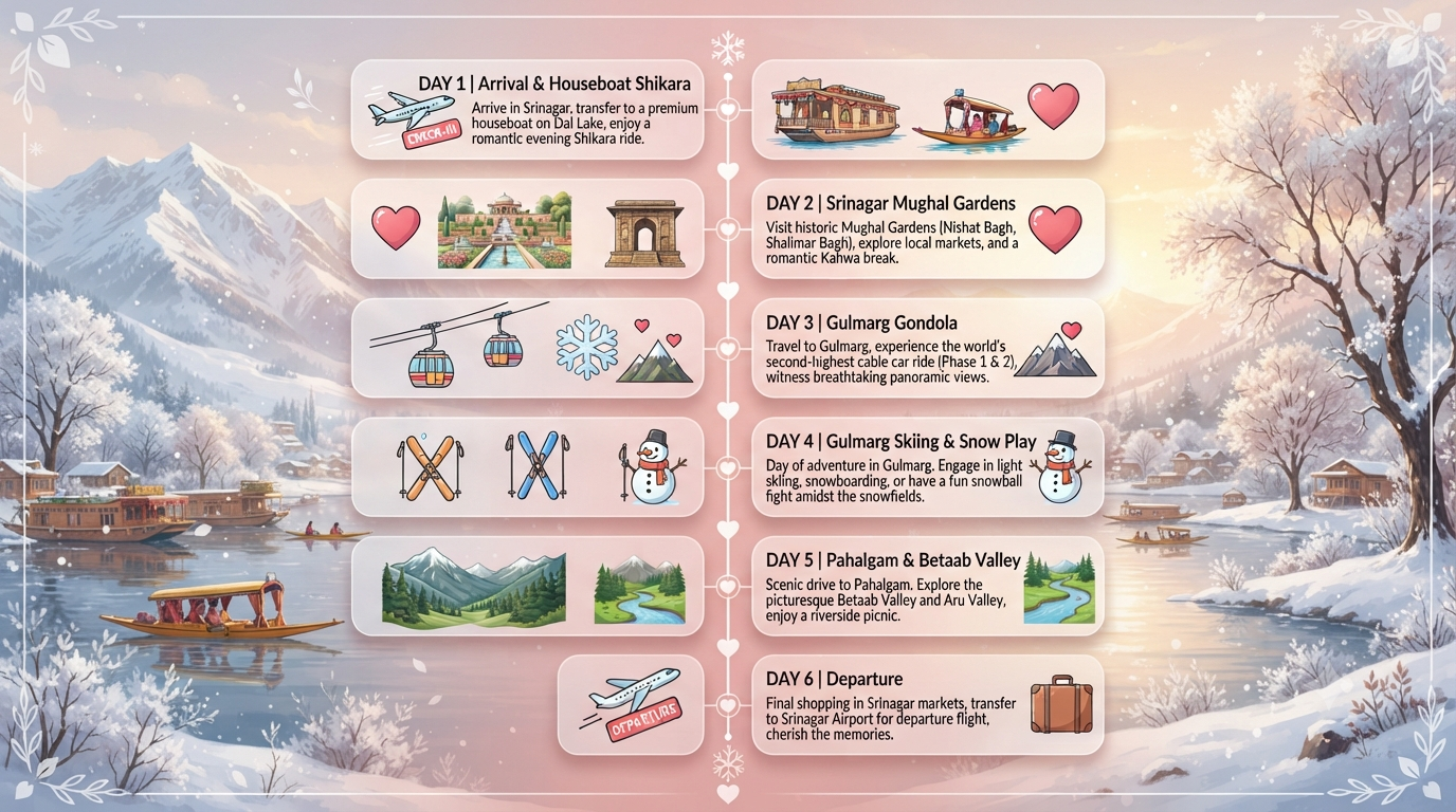 Kashmir winter honeymoon package - 6-day itinerary infographic Srinagar Gulmarg Pahalgam romantic winter journey for couples