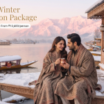 Kashmir winter honeymoon package - couple in pherans on snow-dusted houseboat deck with Dal Lake and Pir Panjal sunset