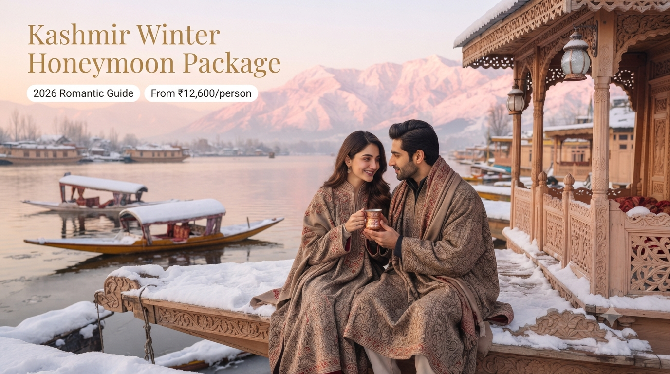 Kashmir winter honeymoon package - couple in pherans on snow-dusted houseboat deck with Dal Lake and Pir Panjal sunset