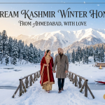 Kashmir winter honeymoon package from Ahmedabad by Nature Connect Travels showing couple on snow-covered Dal Lake houseboat