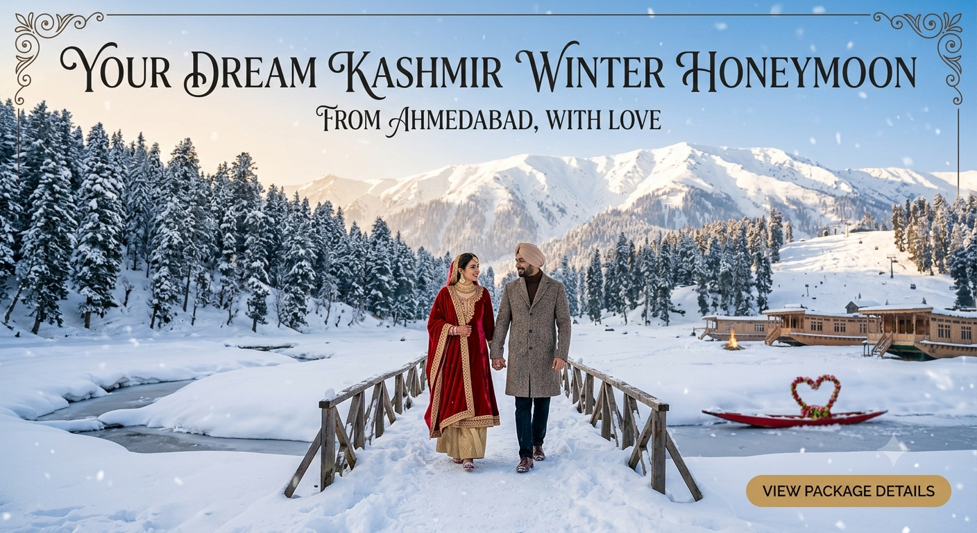 Kashmir winter honeymoon package from Ahmedabad by Nature Connect Travels showing couple on snow-covered Dal Lake houseboat
