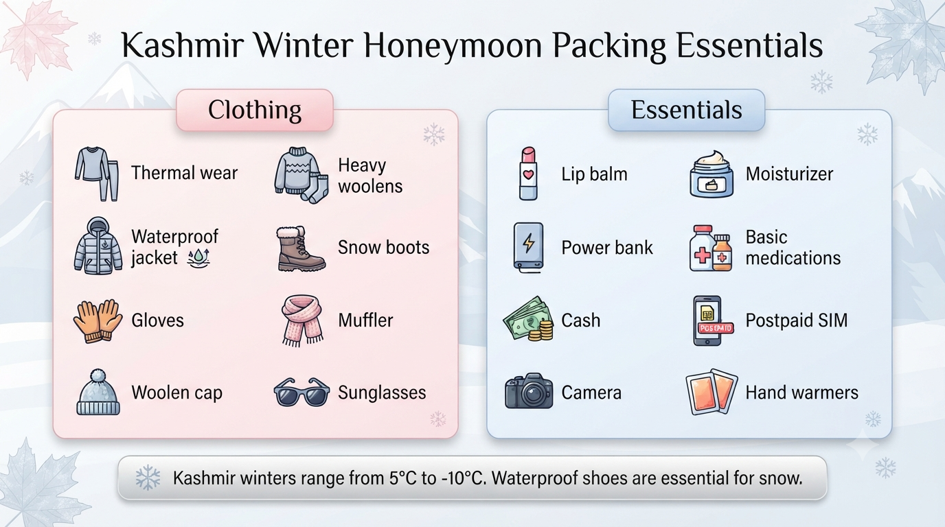 Kashmir winter honeymoon package - packing essentials infographic clothing and items checklist for winter travel