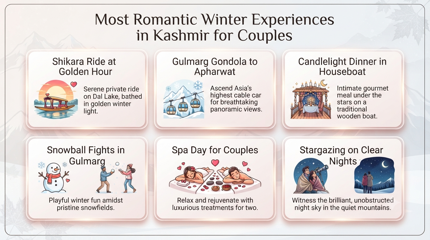 Kashmir winter honeymoon package - romantic experiences infographic Shikara Gondola candlelight dinner snow play for couples