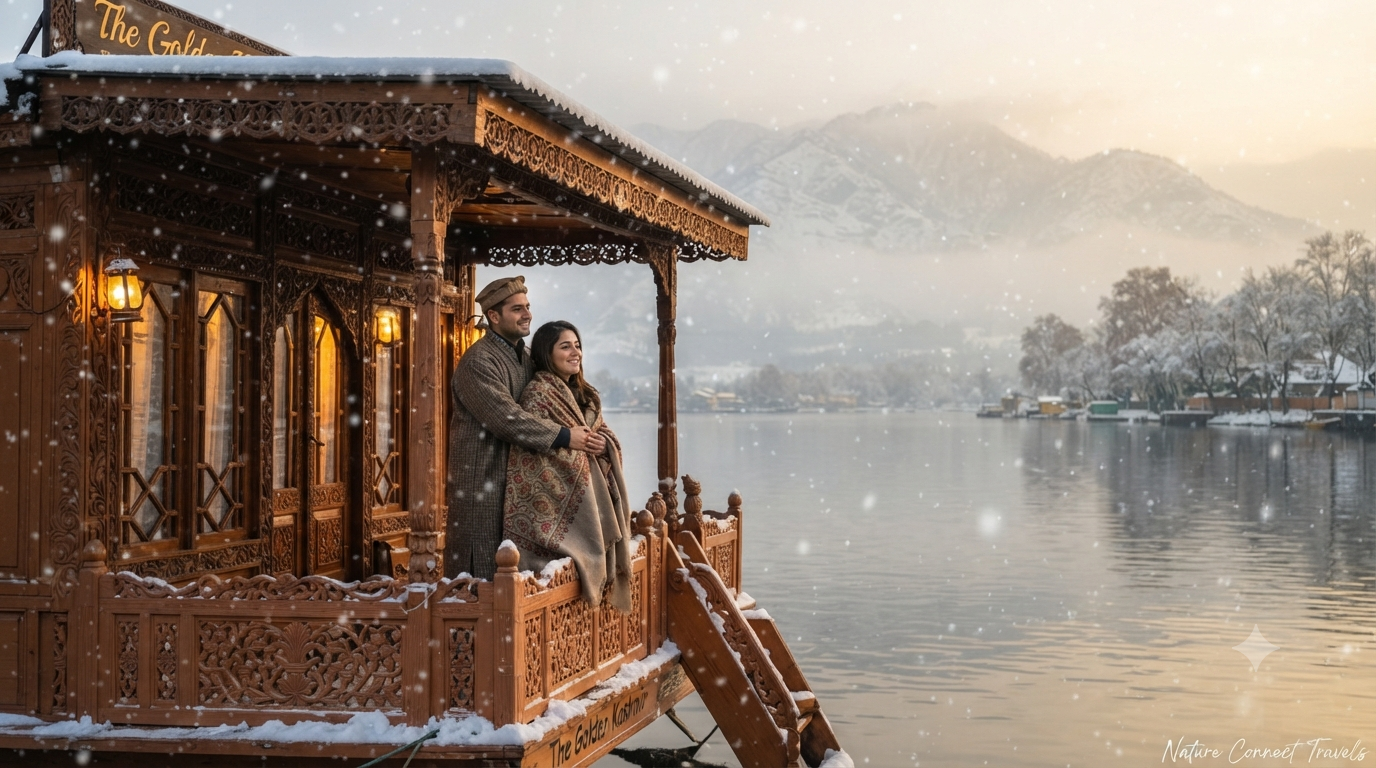 Kashmir winter honeymoon with houseboat showing couple on Dal Lake houseboat deck with snowfall and mountain views