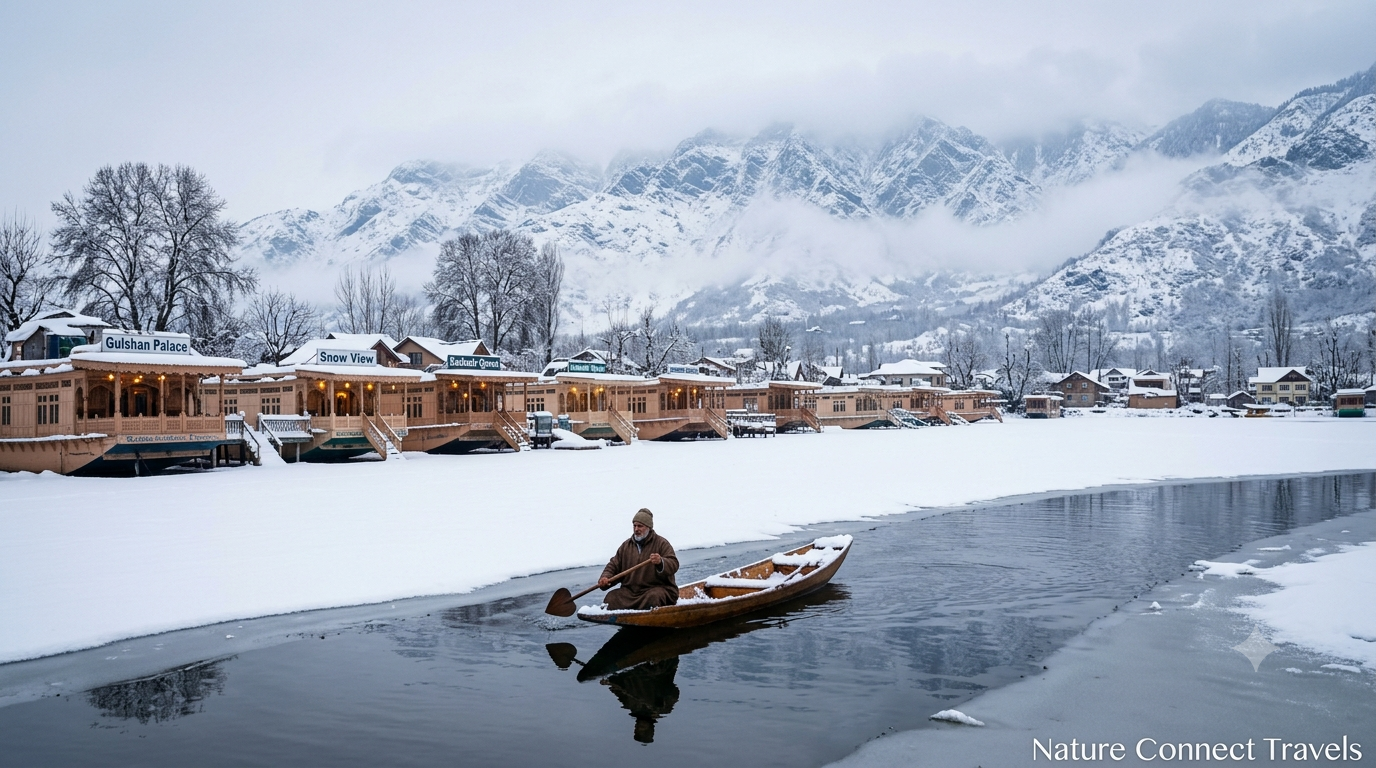 Kashmir winter package by Nature Connect Travels showing snow-covered Dal Lake houseboats and Shikara