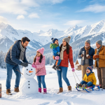 Kashmir winter package for family with kids by Nature Connect Travels showing family building snowman in Gulmarg with Gondola