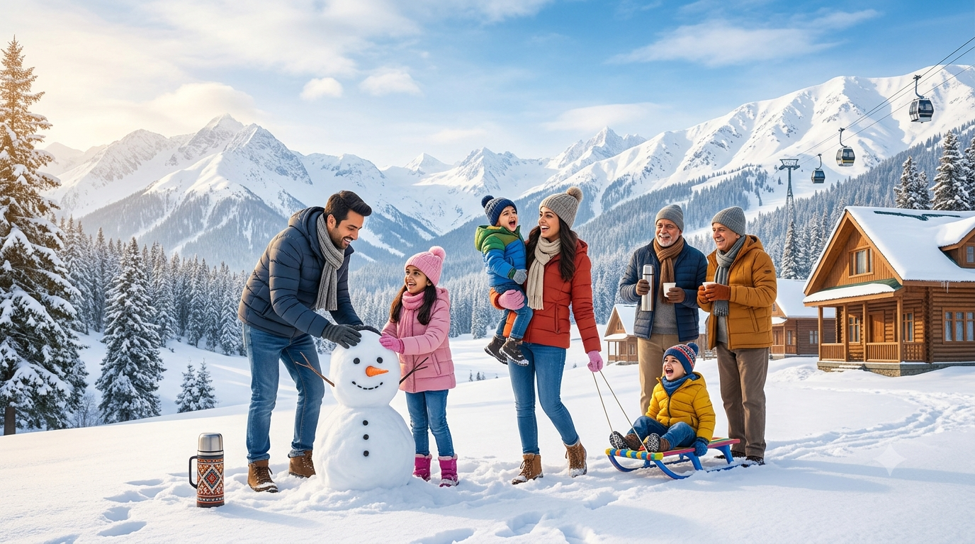 Kashmir winter package for family with kids by Nature Connect Travels showing family building snowman in Gulmarg with Gondola