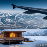 Kashmir winter package with flight showing airplane over Himalayan peaks and snow-covered Dal Lake houseboat