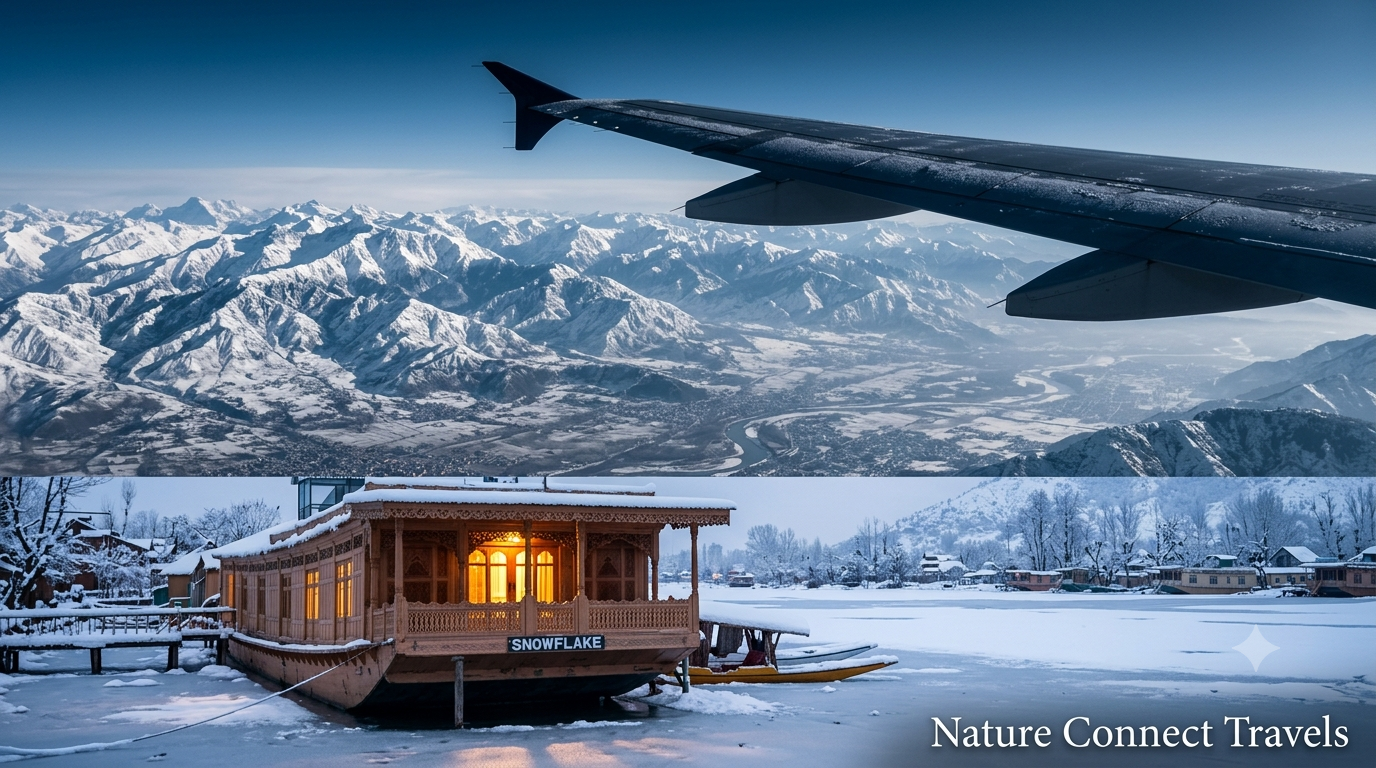 Kashmir winter package with flight showing airplane over Himalayan peaks and snow-covered Dal Lake houseboat