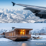Kashmir winter packages from Delhi showing airplane over Himalayan peaks and snow-covered Dal Lake houseboat
