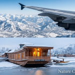 Kashmir winter packages from Mumbai showing airplane over Himalayan peaks and snow-covered Dal Lake houseboat