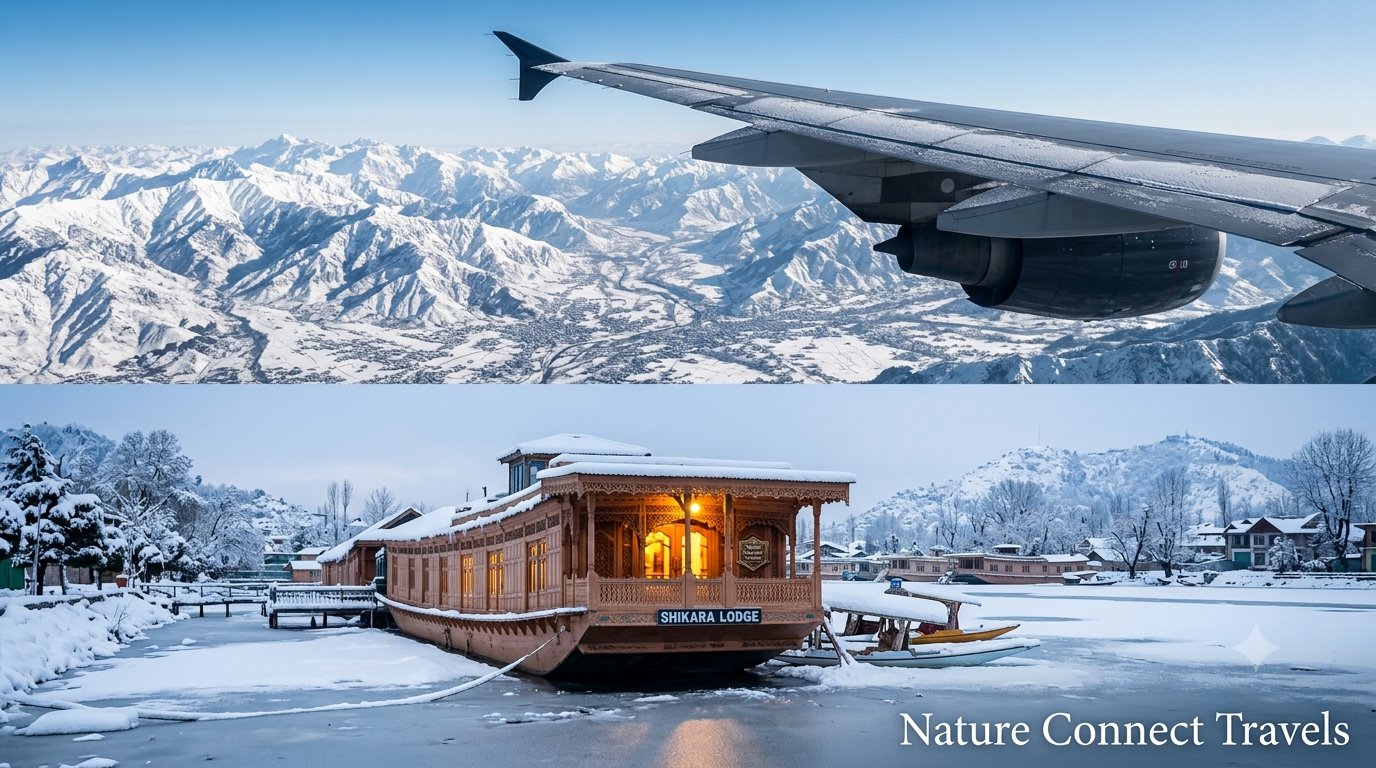 Kashmir winter packages from Mumbai showing airplane over Himalayan peaks and snow-covered Dal Lake houseboat