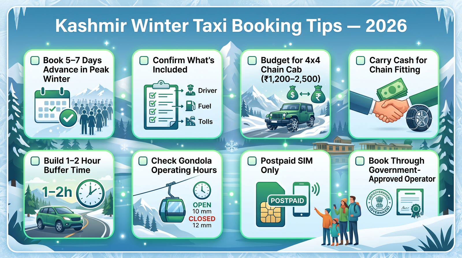 Kashmir Winter Taxi Package Price 2026 | Rates & Guide 12 Kashmir winter taxi package price - booking tips infographic for hassle-free winter cab booking in Kashmir