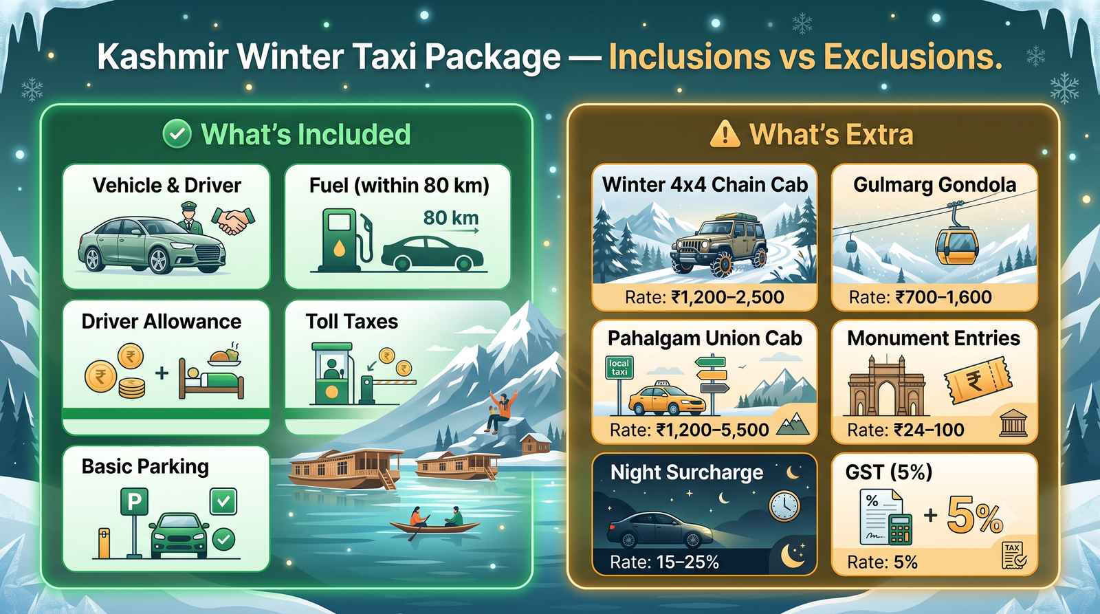 Kashmir Winter Taxi Package Price 2026 | Rates & Guide 10 Kashmir winter taxi package price - inclusions vs exclusions infographic for winter cab booking planning