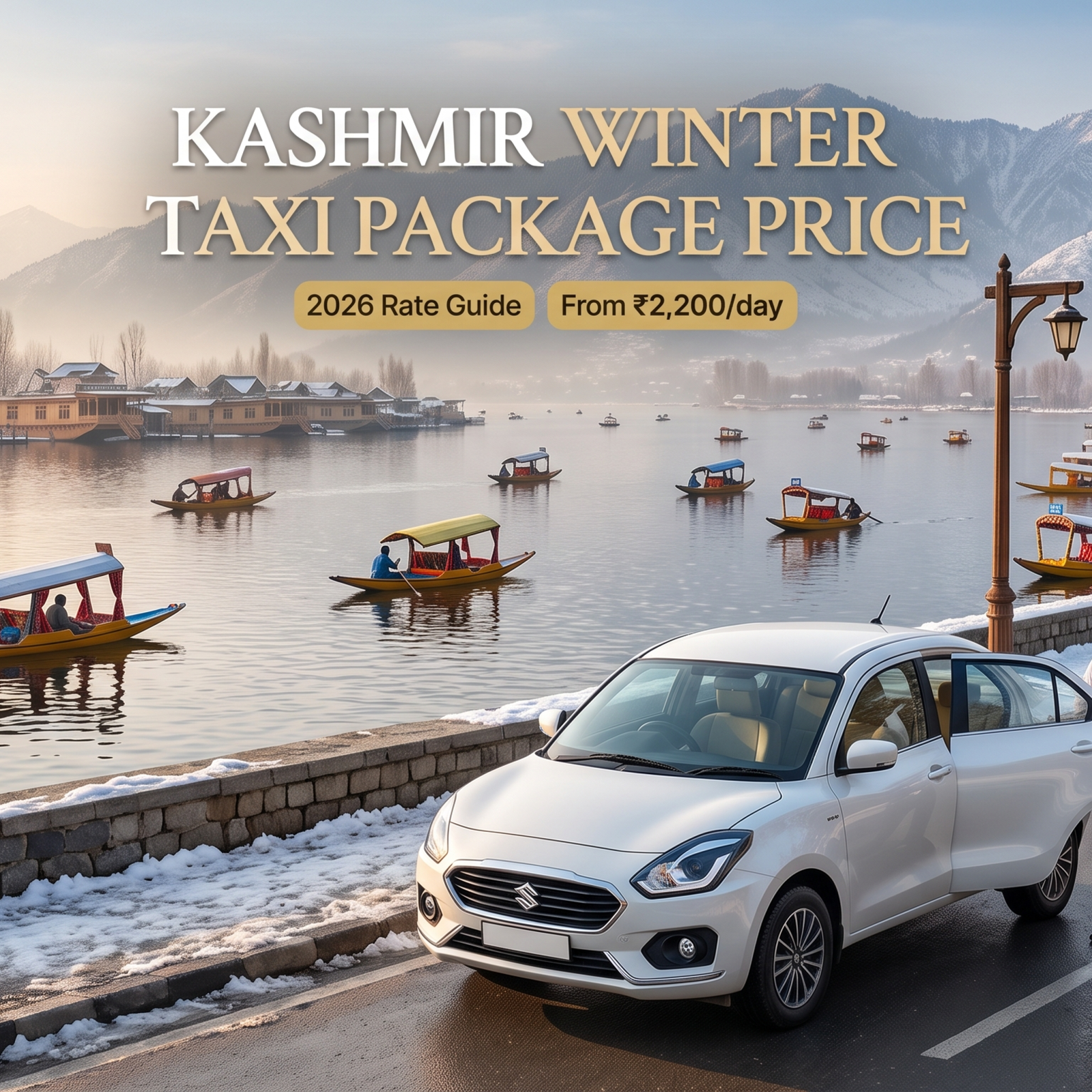 Kashmir winter taxi package price - white sedan with driver on Boulevard Road along Dal Lake in winter for family travel