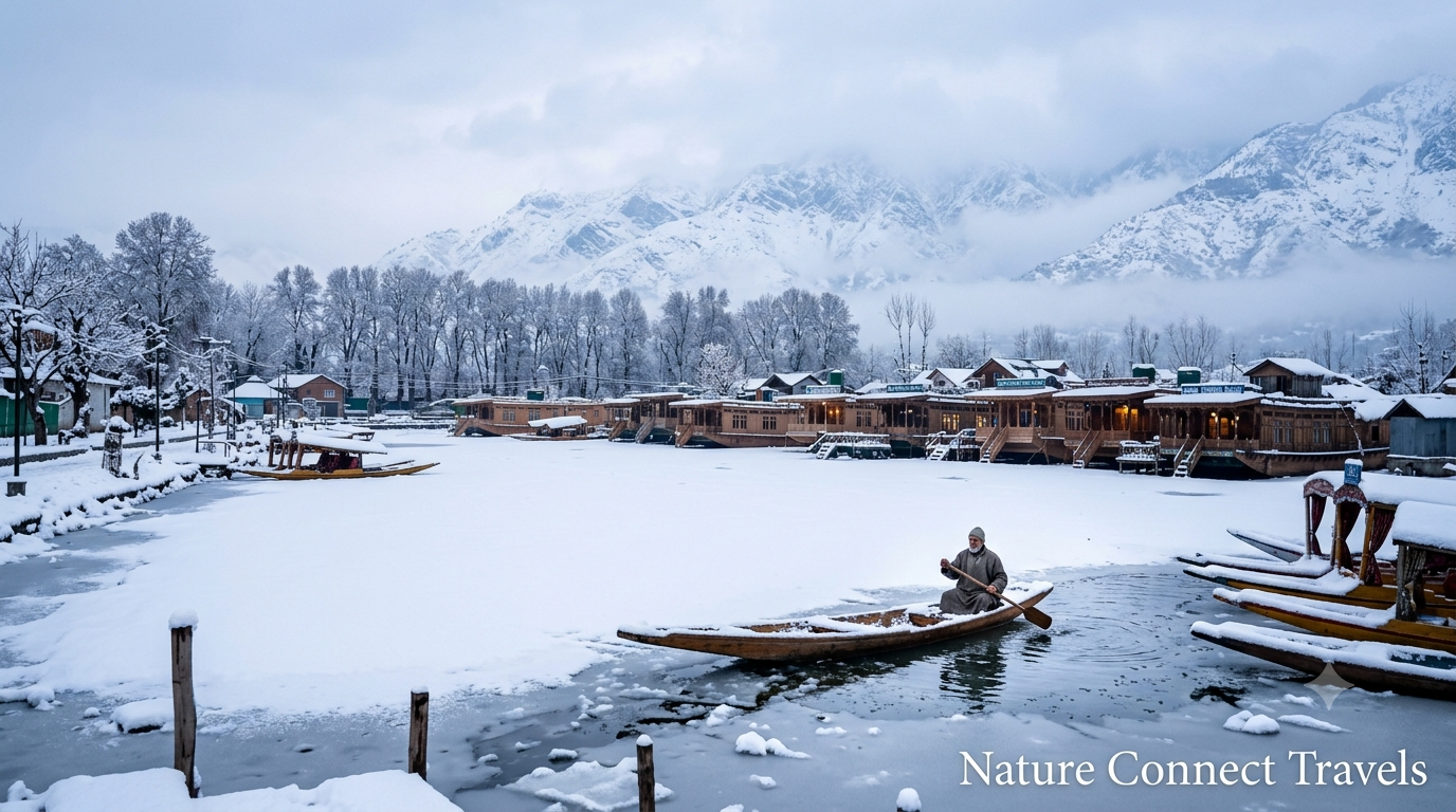 Kashmir winter tour by Nature Connect Travels showing snow-covered Dal Lake houseboats and Shikara