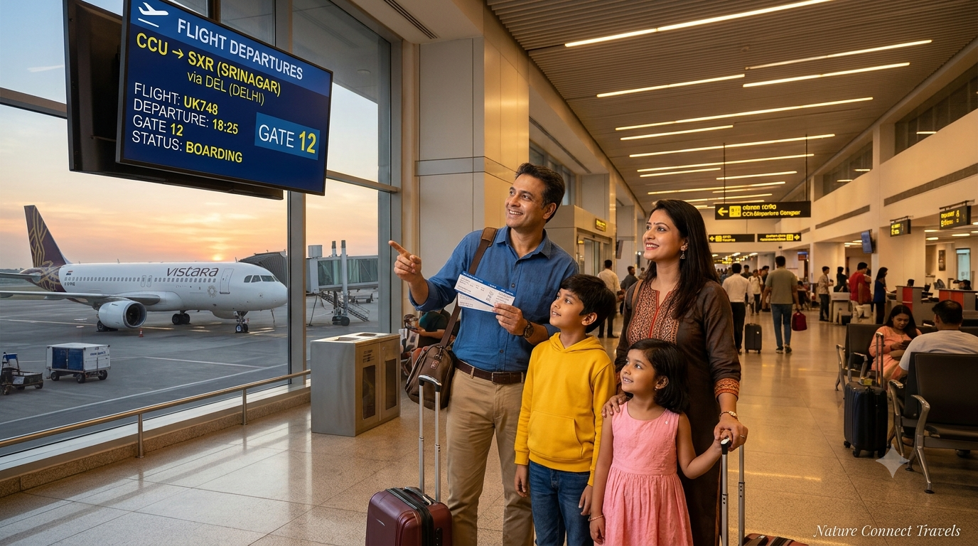 Kolkata to Kashmir tour package price by Nature Connect Travels showing family at Kolkata airport departure