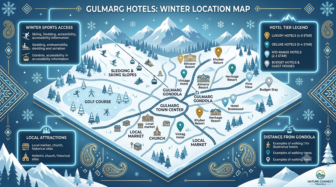 Gulmarg Hotels Winter Booking 2026 | Nature Connect Travels 11 Location map infographic for Gulmarg hotels winter booking showing Gondola base Main Meadow and Tangmarg road zones