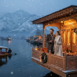 Luxury Kashmir winter honeymoon package showing couple on private houseboat deck with snow falling on Dal Lake