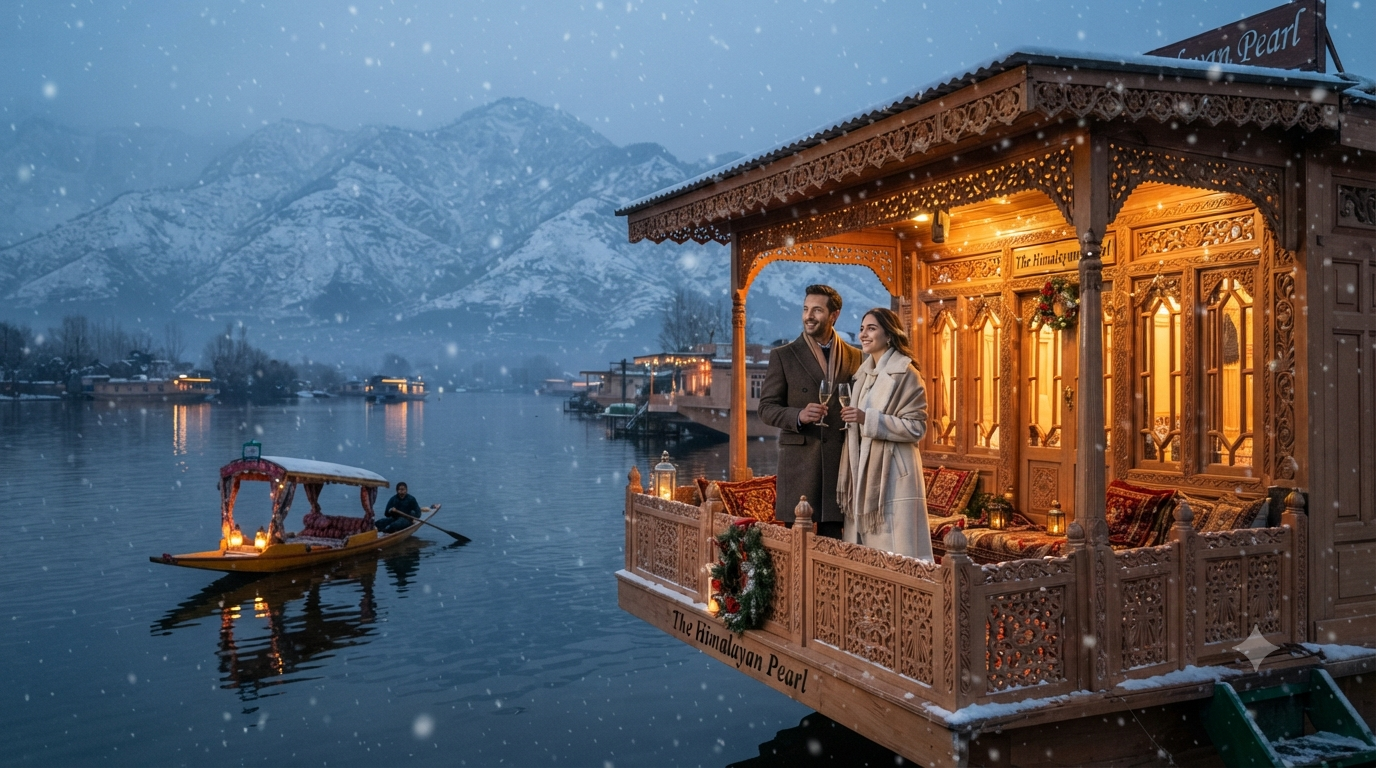 Luxury Kashmir winter honeymoon package showing couple on private houseboat deck with snow falling on Dal Lake