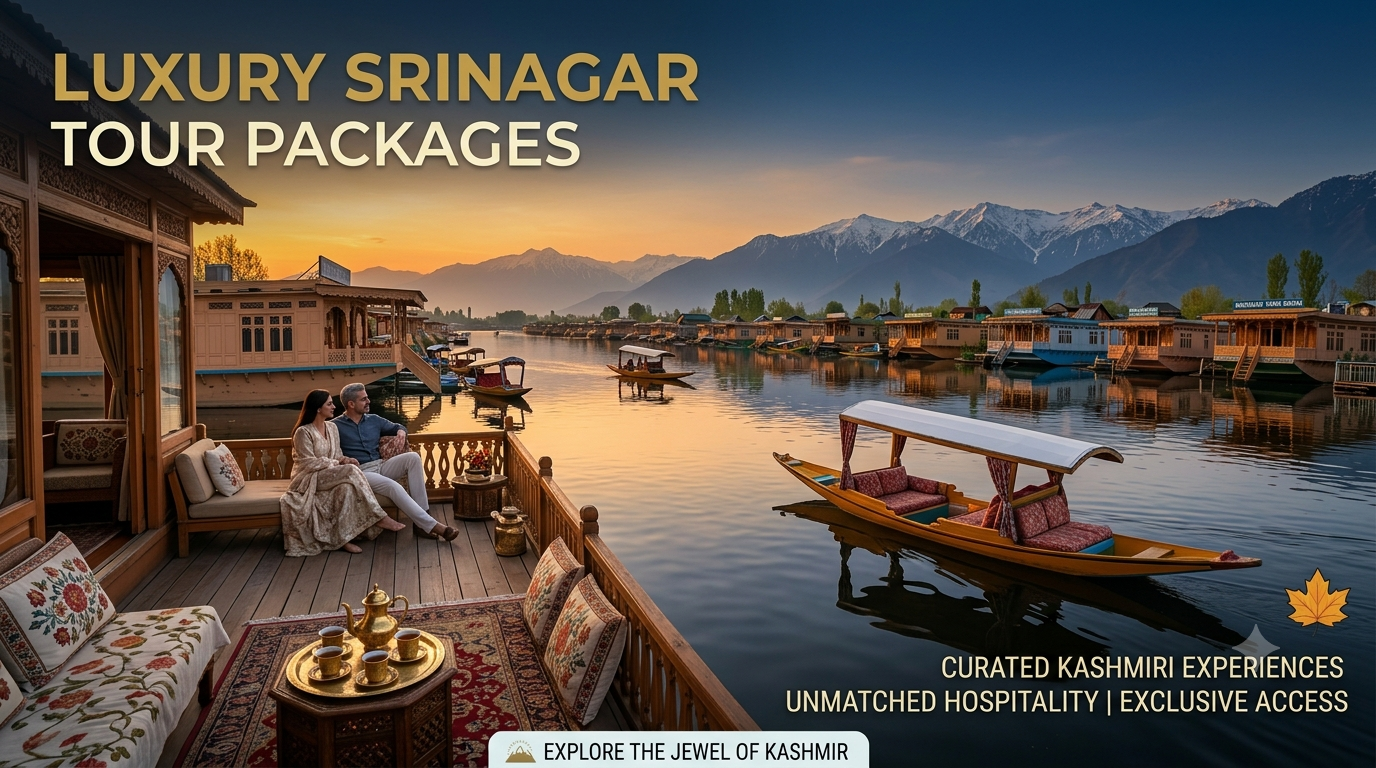 Luxury Srinagar tour packages by Nature Connect Travels showing deluxe houseboat on Dal Lake with private shikara