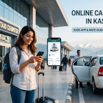 Online cab booking in Kashmir - traveler with smartphone at Srinagar airport with waiting sedan and prepaid taxi sign