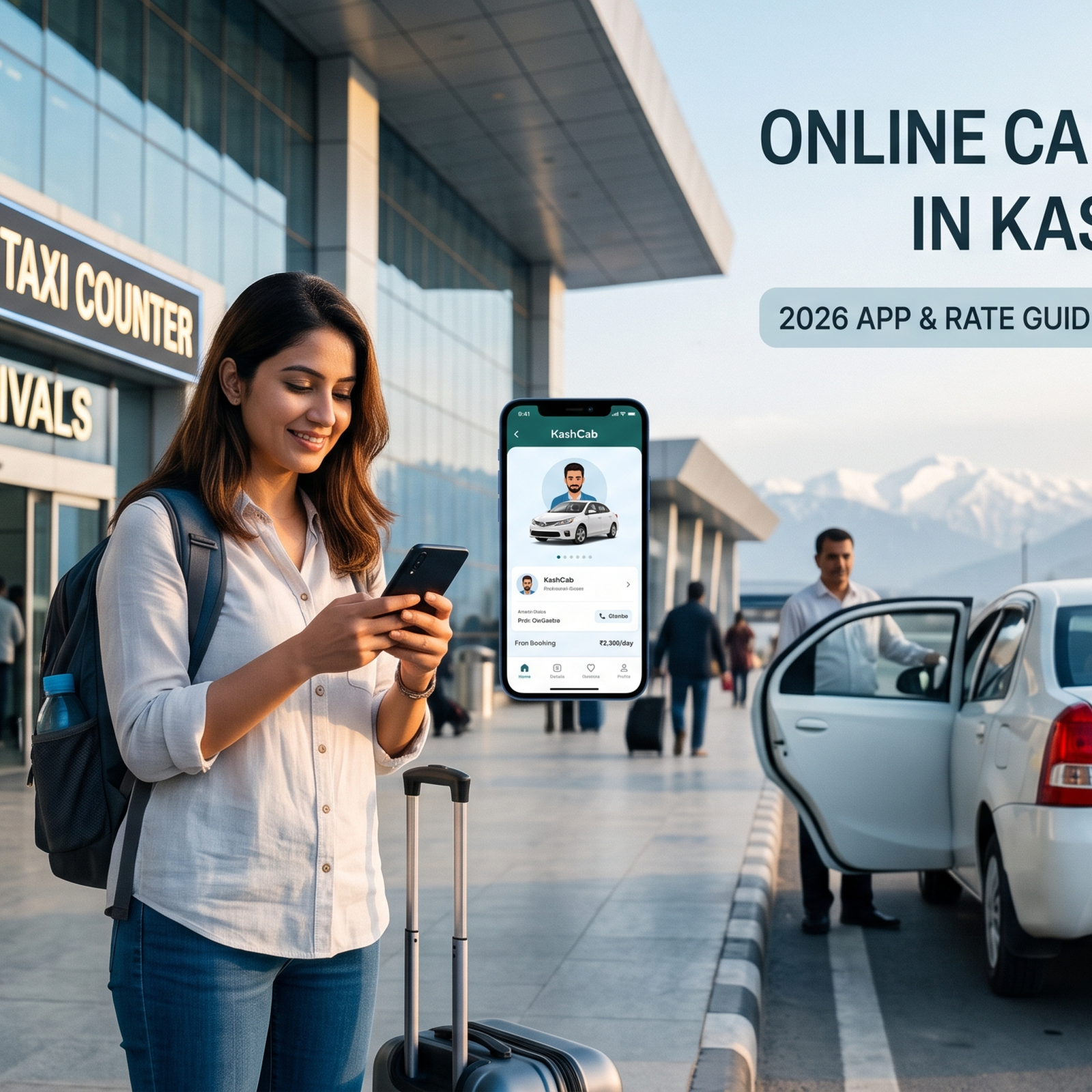 Online cab booking in Kashmir - traveler with smartphone at Srinagar airport with waiting sedan and prepaid taxi sign