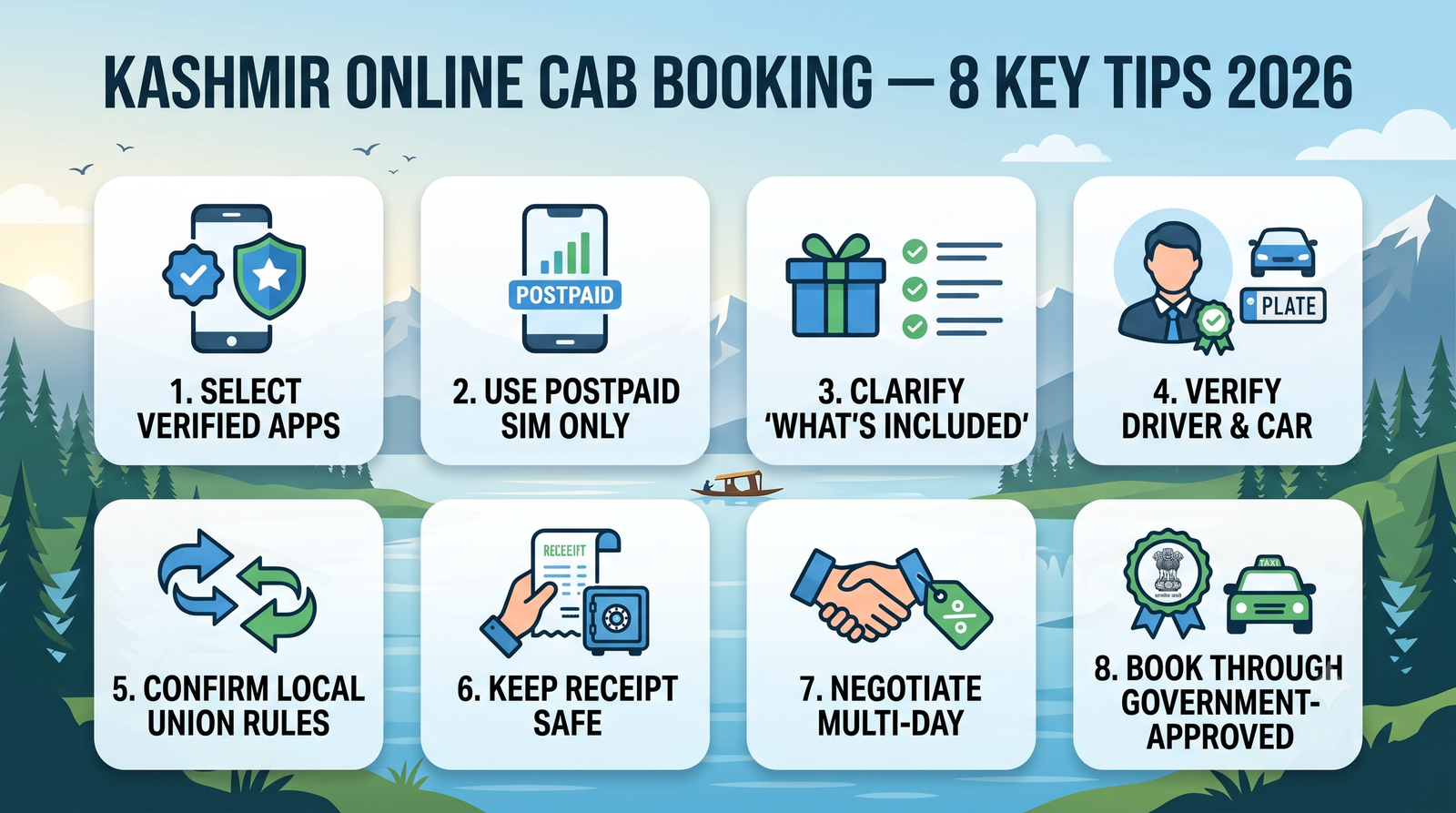 Online cab booking in Kashmir - union rules guide infographic for intercity transfers and internal sightseeing