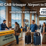 Prepaid cab Srinagar airport to Dal Lake - counter in arrivals terminal with staff assisting traveler and family with luggage