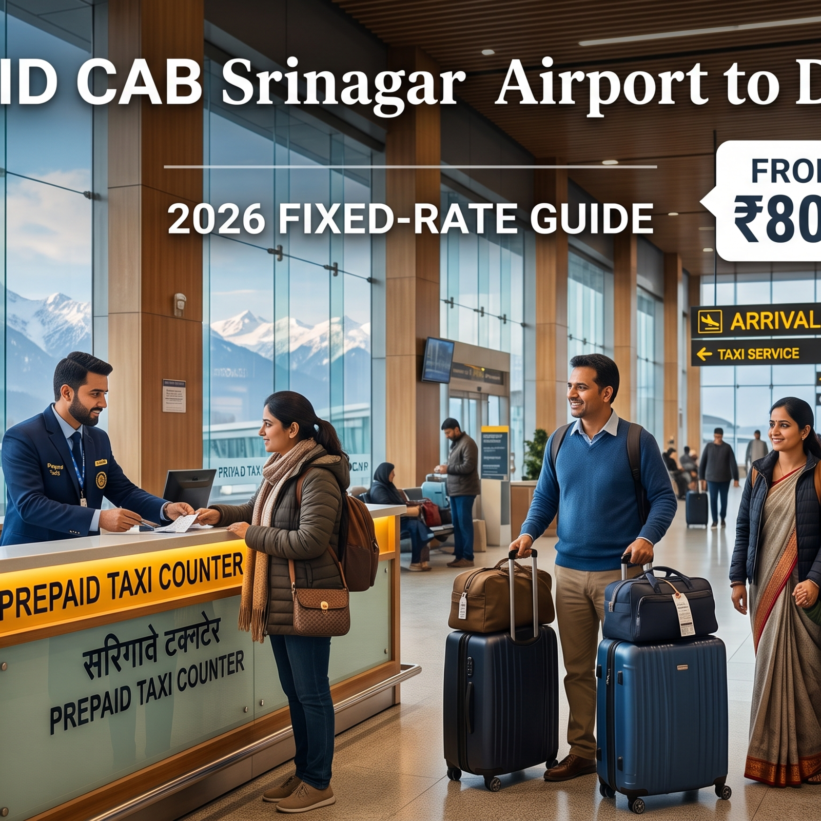 Prepaid cab Srinagar airport to Dal Lake - counter in arrivals terminal with staff assisting traveler and family with luggage