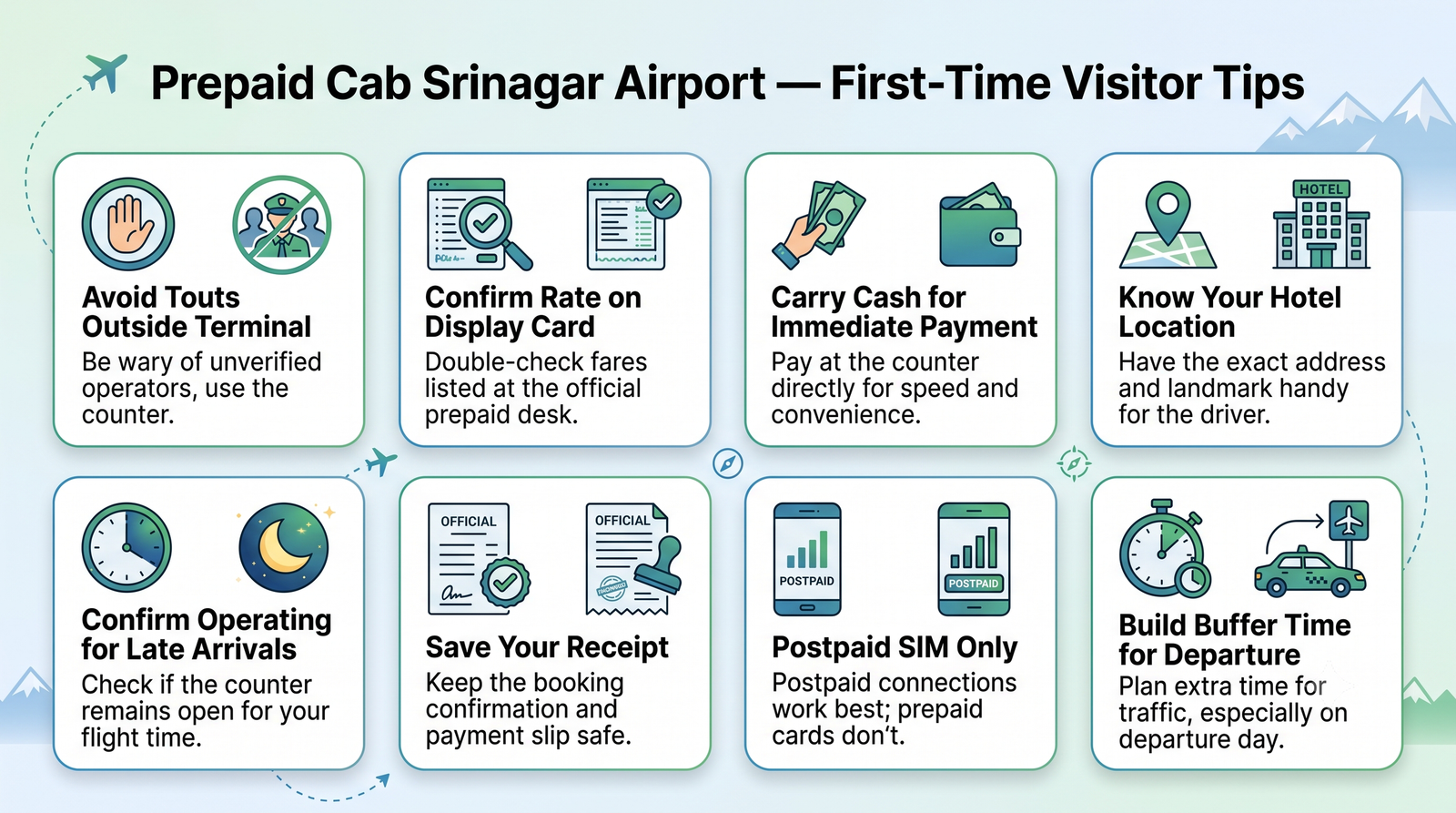 Prepaid cab Srinagar airport to Dal Lake - first-time visitor tips infographic for smooth airport arrival and transfer