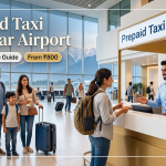 Prepaid taxi Srinagar airport - counter in arrivals terminal with staff assisting traveler and family with luggage