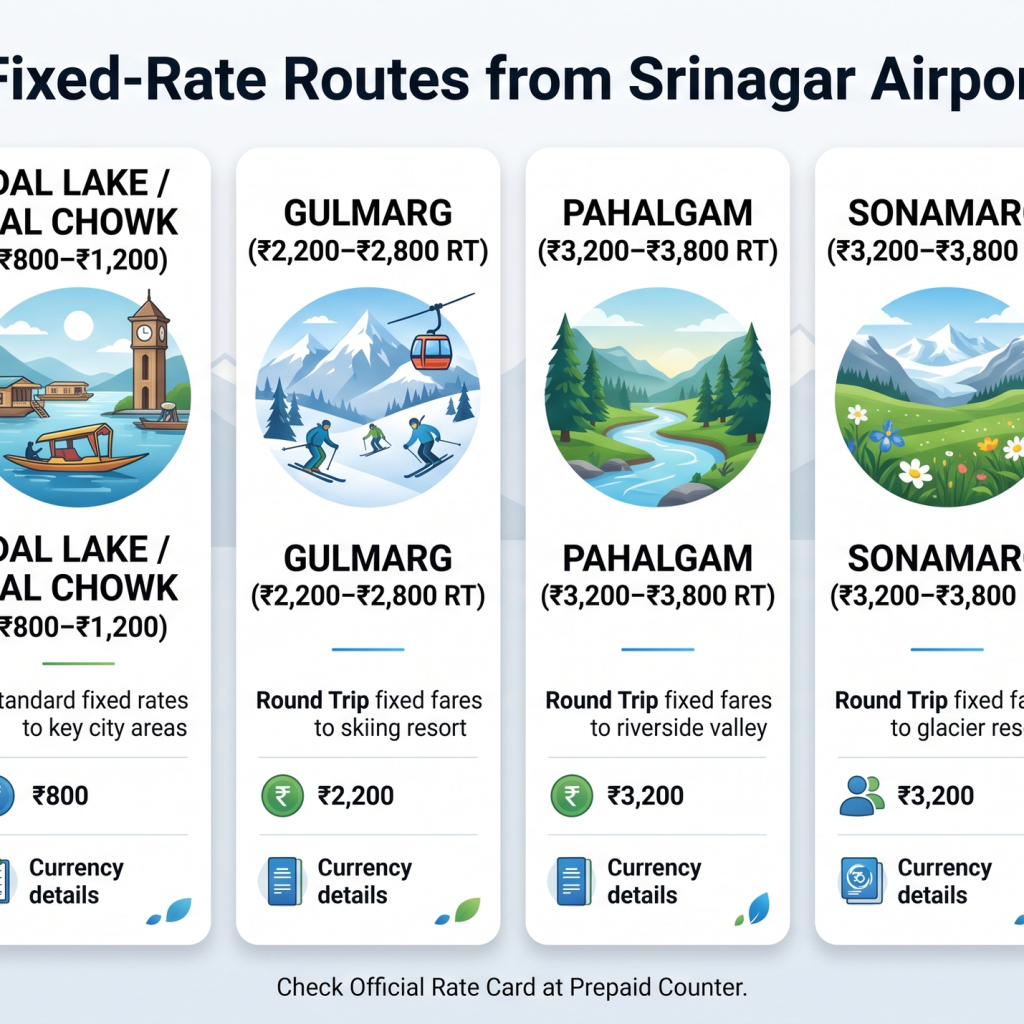 Prepaid Taxi Srinagar Airport 2026 | Rates & Booking Guide 8 Prepaid taxi Srinagar airport rate comparison infographic fixed rates to Dal Lake Gulmarg and city center scaled