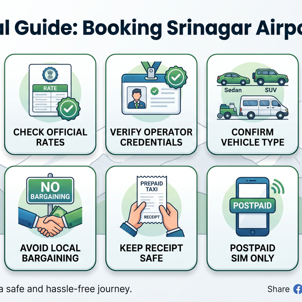 Prepaid Taxi Srinagar Airport 2026 | Rates & Booking Guide 10 Prepaid taxi Srinagar airport step by step booking process flowchart infographic for airport transfer scaled