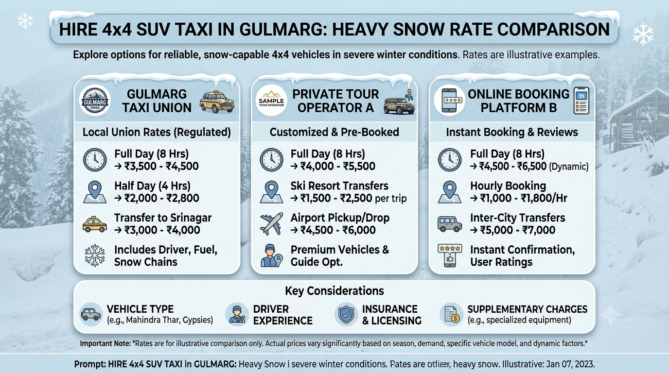 Hire 4x4 SUV Taxi in Gulmarg for Heavy Snow | Nature Connect 7 Rate comparison infographic for hire 4x4 SUV taxi in Gulmarg for heavy snow by Nature Connect Travels