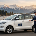 Reliable taxi operator in Kashmir showing Nature Connect Travels professional chauffeur with Innova Crysta and Dal Lake backdrop