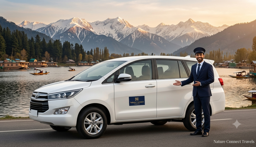 Reliable taxi operator in Kashmir showing Nature Connect Travels professional chauffeur with Innova Crysta and Dal Lake backdrop