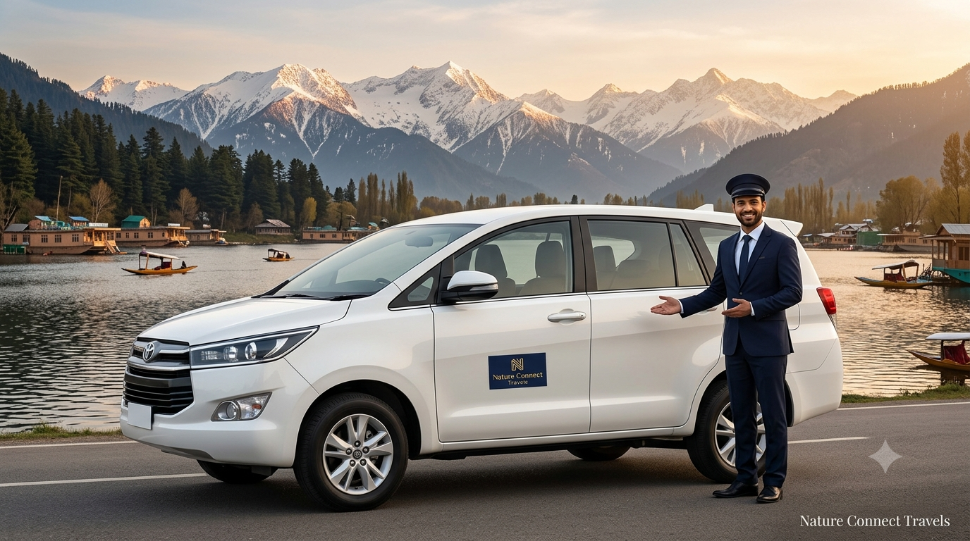 Reliable taxi operator in Kashmir showing Nature Connect Travels professional chauffeur with Innova Crysta and Dal Lake backdrop