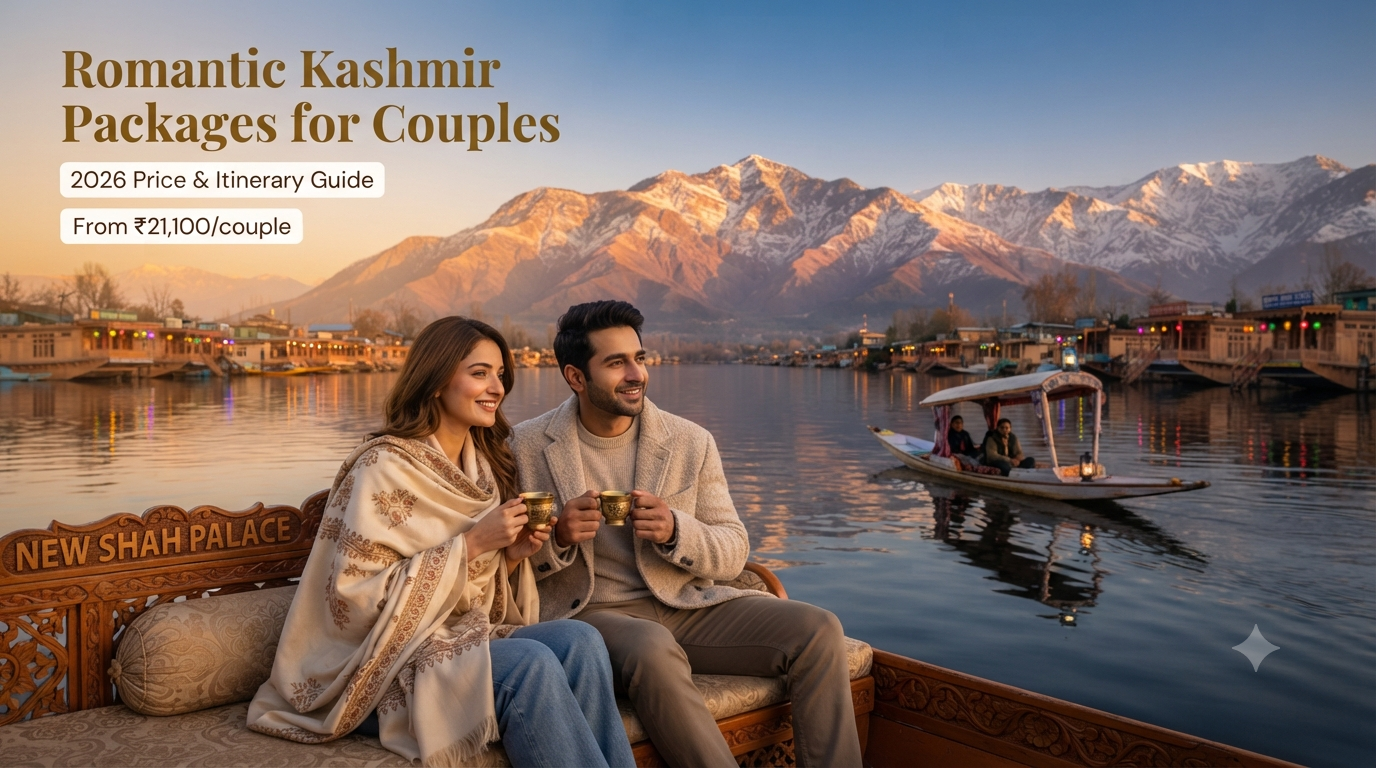 Romantic Kashmir packages for couples - couple on Dal Lake houseboat deck at golden hour with Shikara and Zabarwan mountains