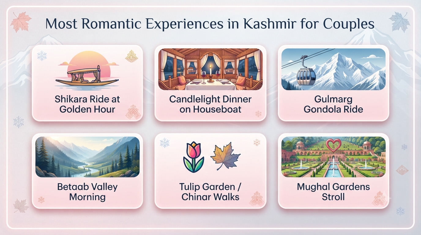 Romantic Kashmir packages for couples - romantic experiences infographic Shikara Gondola candlelight dinner Betaab Valley for couples