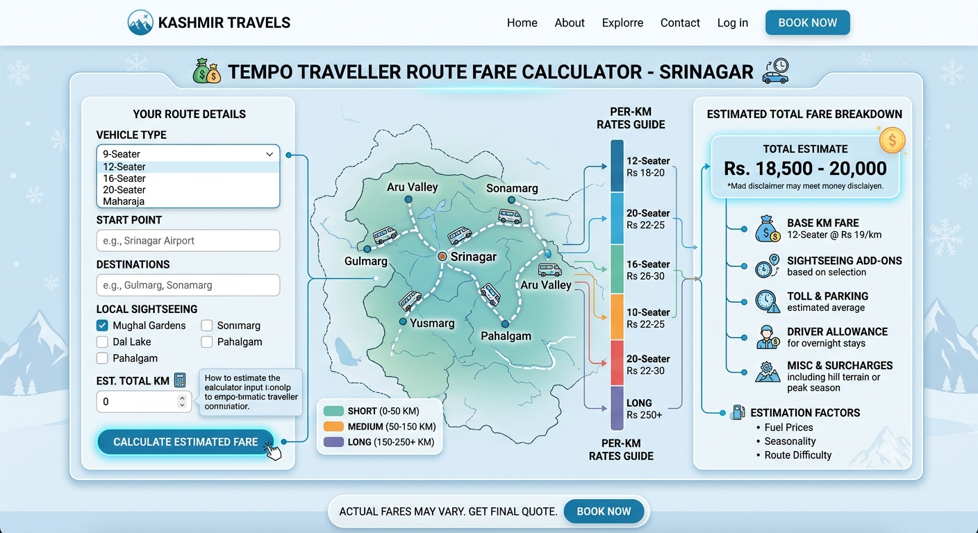 Route fare calculator infographic for tempo traveller charges per km in Srinagar showing Gulmarg Pahalgam Sonamarg rates
