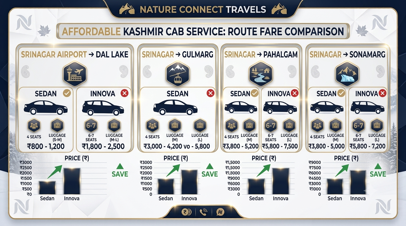 Route fare comparison infographic for affordable Kashmir cab service showing sedan and Innova rates 2026