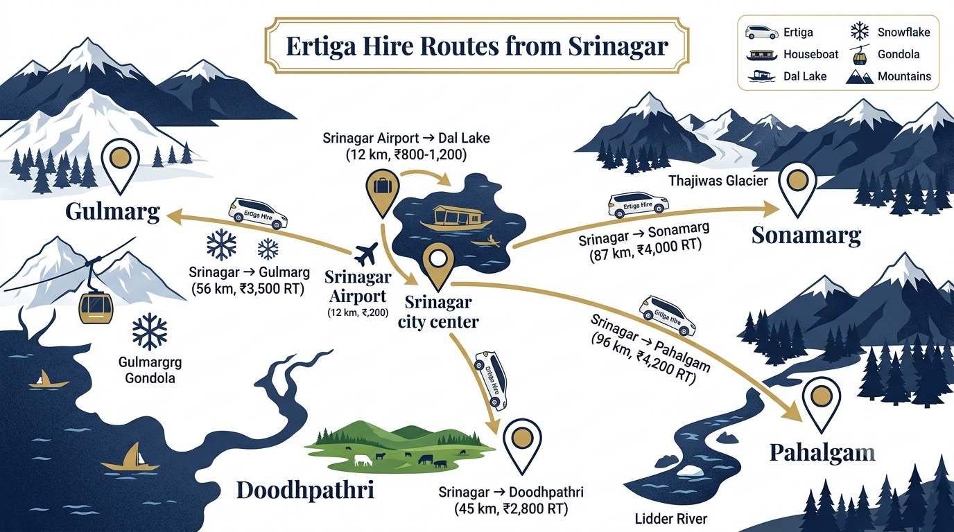 Kashmir Ertiga Hire 2026 | Nature Connect Travels ₹2,600+ 9 Route fare map for Kashmir Ertiga hire showing Srinagar Gulmarg Pahalgam and Sonamarg rates 2026