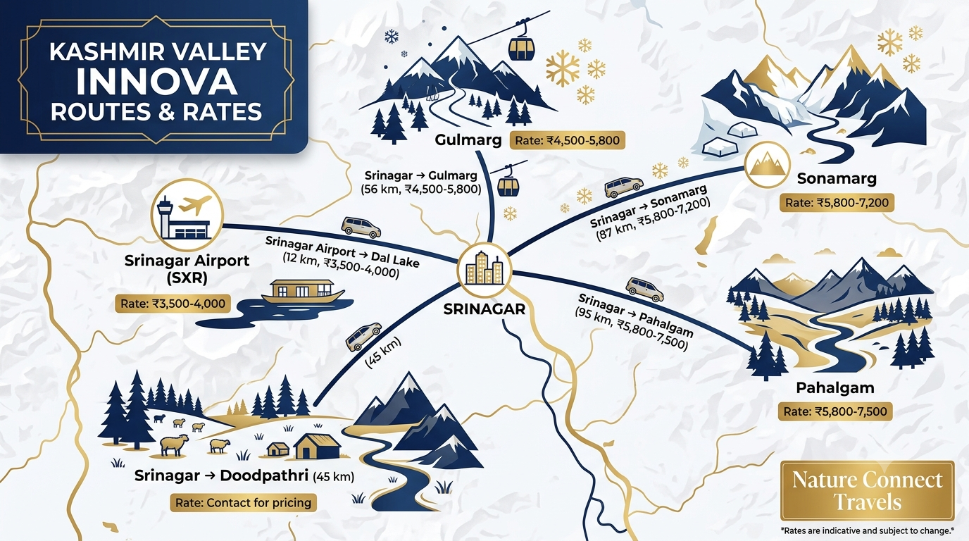 Book Innova in Srinagar 2026 | Nature Connect Travels ₹3,500+ 9 Route fare map for booking Innova in Srinagar showing Gulmarg Pahalgam and Sonamarg rates 2026