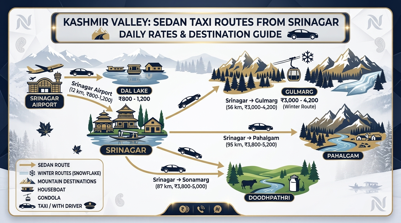 Route fare map for booking sedan taxi in Srinagar showing Gulmarg Pahalgam and Sonamarg rates 2026