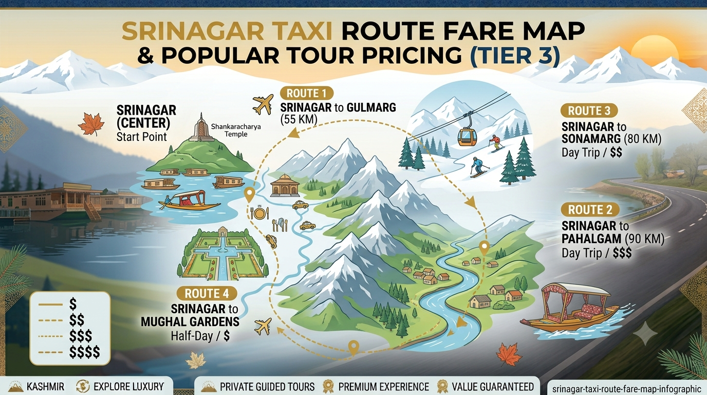 Srinagar Taxi Contact Number 2026 | Nature Connect Travels 8 Route fare map infographic for Srinagar taxi contact number showing fares to Gulmarg Pahalgam and Sonamarg