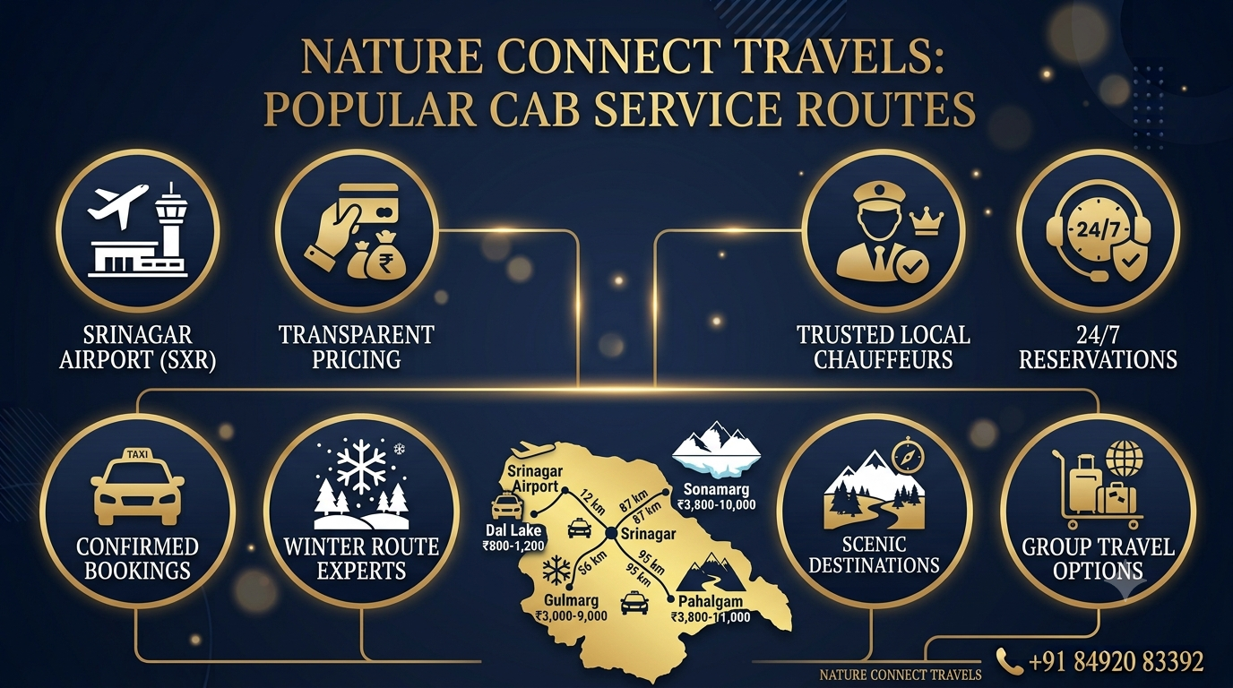 Route map for Kashmir cab service phone number showing Srinagar airport transfers and Gulmarg Pahalgam Sonamarg fares